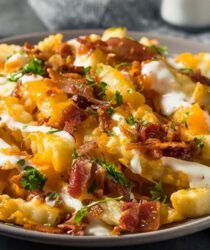 Papas Onduladas Gratinadas con Queso y Tocino